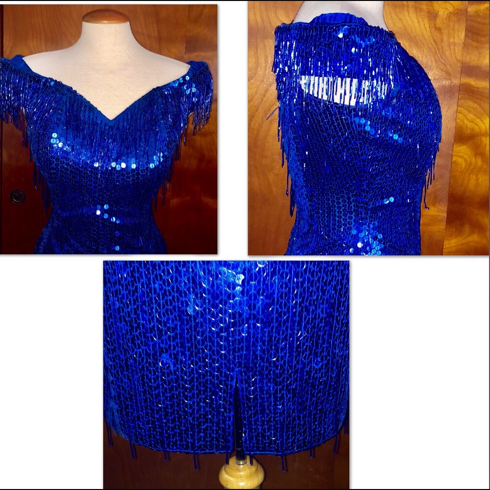 NADINE PETITE•ROYAL BLUE BEADED SEQUIN DRESS - Picture 5 of 7